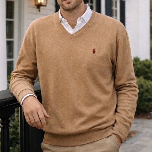 Polo Ralph Lauren Other - Polo by Ralph Lauren V-Neck Cotton Logo Sweater Camel Tan XL